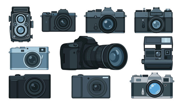 Vector collection of retro and modern photo cameras and photography equipment icons isolated on a white background