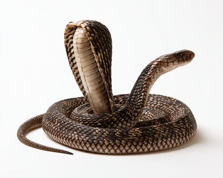 Two brown cobras coiled on white background
