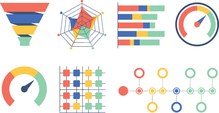 Data Visualization Graphic Icons Collection with Financial Analysis Charts Performance Dashboard Gauges Process Flowchart Map and Statistical Data Management Elements