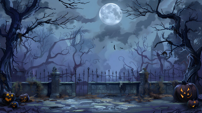 Dark forest scene with moonlight and carved pumpkins on a misty nighttime border with glowing pumpkins near rusted fence Moonlit forest border bare trees fog glowing illustration