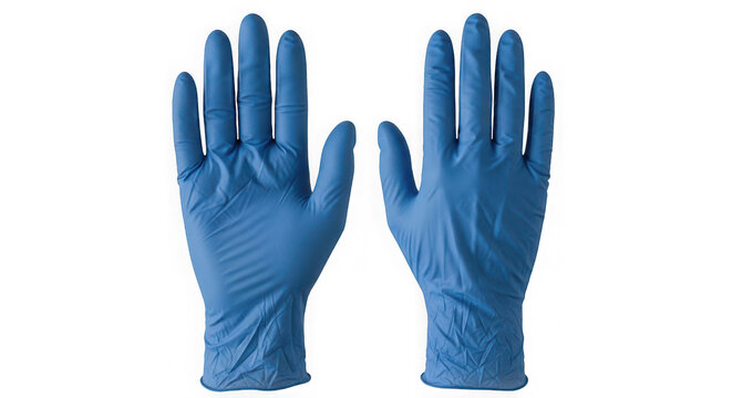 Gloves made of blue nitrile are displayed flat on a stark transparent surface for medical equipment presentation.