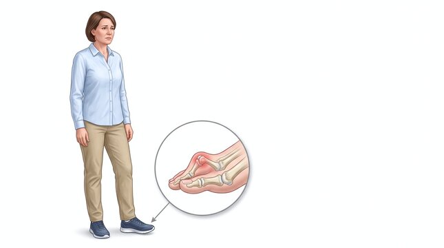 Woman with foot pain showing bone structure and inflammation of toe joint