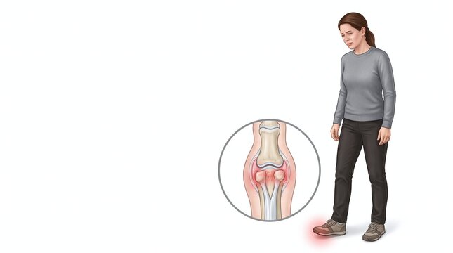 Woman experiencing foot pain with a close up medical illustration of inflamed joints