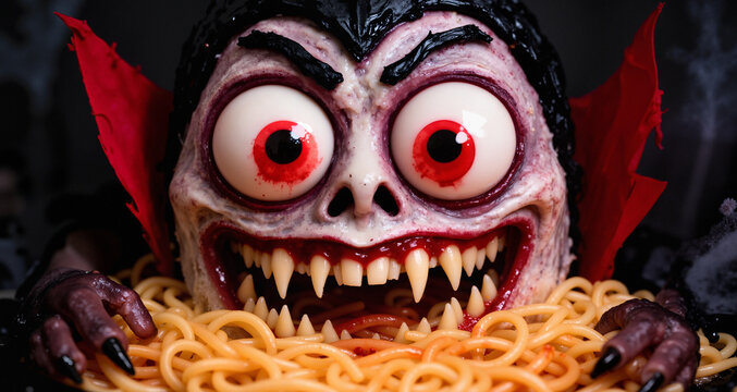 Scary halloween food pasta vampire monster face with big eyes
