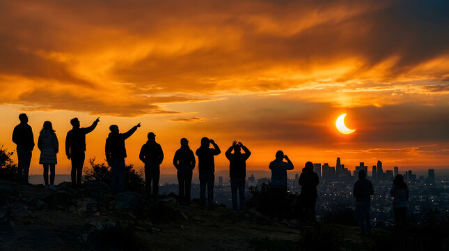 Crowd of People Silhouette Watching Solar Eclipse at Sunset Sky