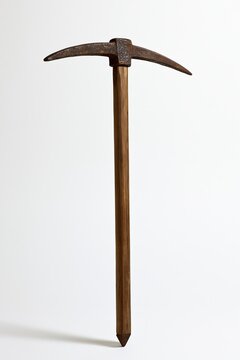 Vintage rusty pickaxe standing upright against white background