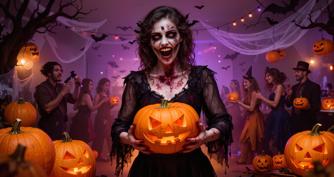 Female undead holding pumpkin during Halloween party
