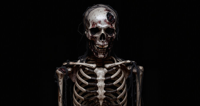 halloween dead skeleton with black background
