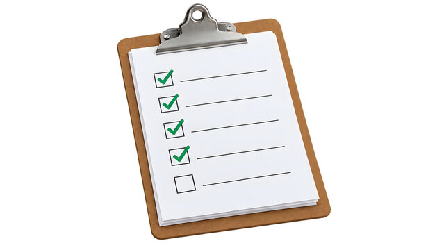 A wooden clipboard holds a paper checklist with green check marks isolated on a white background. The template illustrates completed task management and audit progress. Vector layout.   