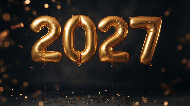 Balloons in the shape of numbers 2027 shine in metallic gold on a dark background with festive bokeh lights.