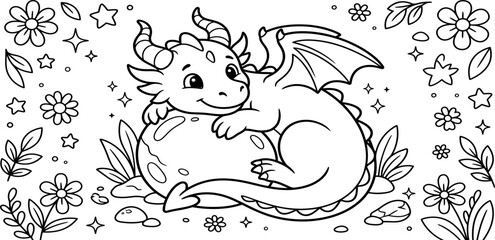 Fototapeta premium Cute baby dragon sitting on a large egg surrounded by flowers in a whimsical line art style