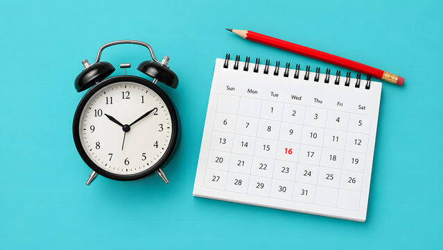 A black vintage alarm clock rests beside a monthly paper calendar and red pencil on a blue background. The organized layout emphasizes time management and scheduling. Vector flatlay template.