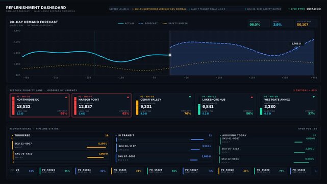 Explore a detailed replenishment dashboard showcasing demand forecasting and warehouse restock priorities with vibrant charts and dynamic Kanban boards in a sleek dark design.
