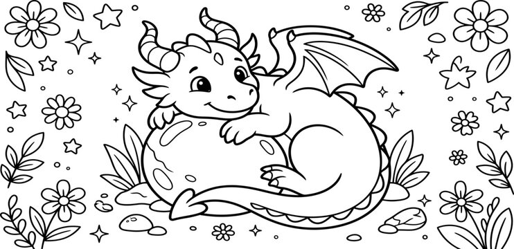 Cute baby dragon sitting on a large egg surrounded by flowers in a whimsical line art style