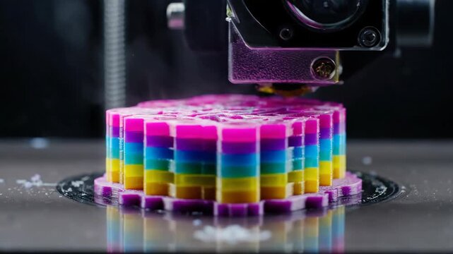 3D printer creates colorful object layer by layer while producing new technology designs with focused precision and innovation