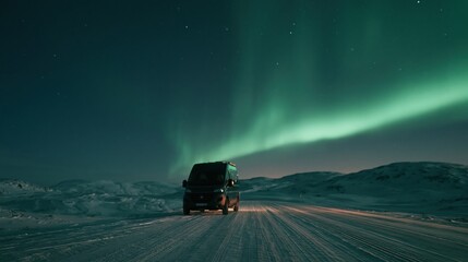 Naklejka premium Van driving on snowy road under northern lights