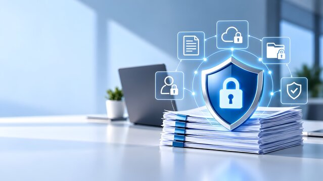 Cybersecurity shield protecting stack of paper documents with glowing digital privacy icons on office desk representing confidential information