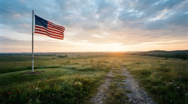 American flag waving on a flagpole over a grassy field during a beautiful golden hour sunset
