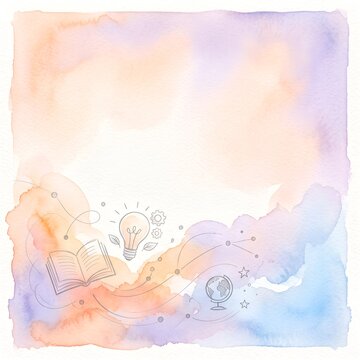 Education Watercolor Background with Open Book Lightbulb and Globe Sketch Floating on Soft Pastel Copy Space in Gentle Warm Light
