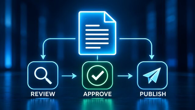 Automated document workflow process diagram showing review approve and publish stages in glowing neon"