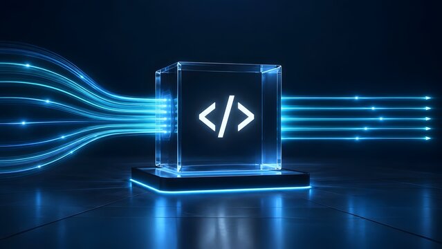 Software development programming concept with data stream flowing into transparent source code cube