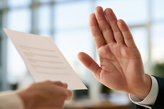 Hand rejecting document in office setting