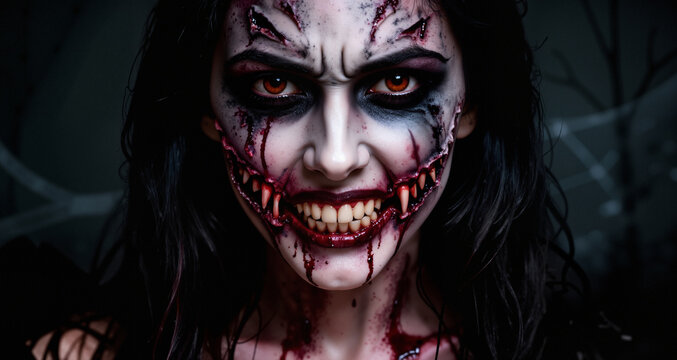 Halloween scary makeup female portrait. Scary woman. 
