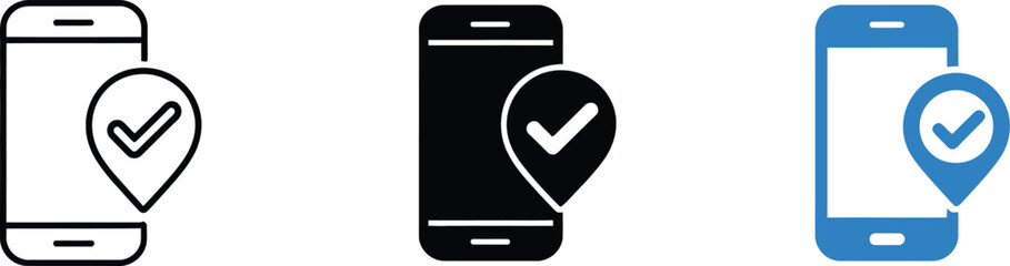 Smartphone check-in icon with location pin and tick mark representing GPS navigation, mobile verification, travel confirmation, and tracking © Rokeya Vector