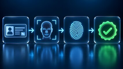 Plakat Biometric identity verification workflow process connecting facial recognition and fingerprint scanning