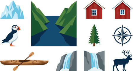 Fototapeta premium Nordic Nature and Norway Travel Culture Vector Icon Set for Scandinavian Tourism Brochures, Outdoor Adventure Websites, Fjord Vacation Branding, and Wilderness Graphic Designs