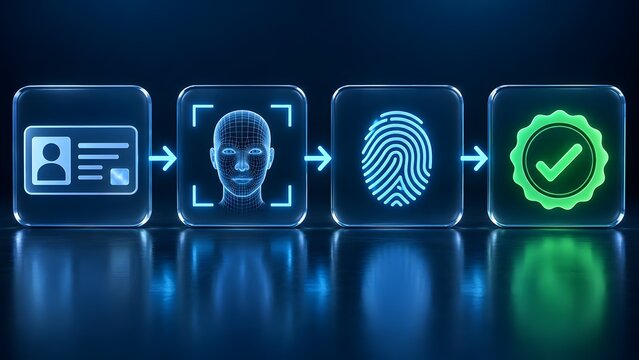 Biometric identity verification workflow process connecting facial recognition and fingerprint scanning