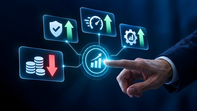 Executive hand interacting with futuristic virtual business dashboard illustrating cost reduction while increasing operational performance and security optimization strategy