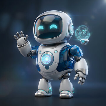 A cute friendly small robot waving hello with glowing blue lights and a digital lightbulb icon floating nearby