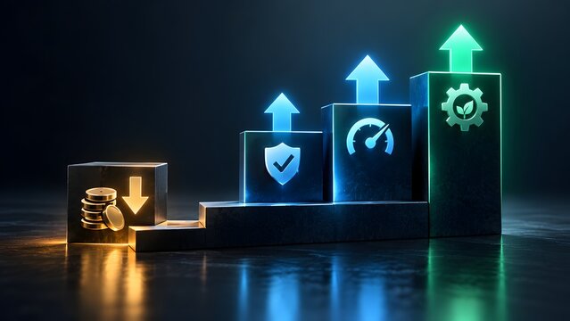 Strategic business growth progression chart demonstrating financial cost reduction security compliance performance enhancement and sustainable eco friendly operations