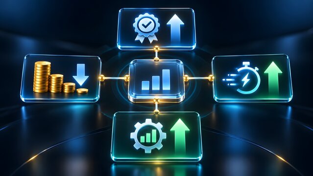 Centralized digital business analytics dashboard illustrating cost reduction strategy combined with quality assurance speed efficiency and operational performance growth