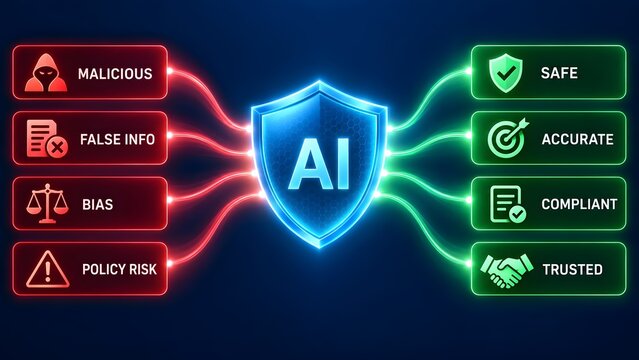 AI shield protecting against malicious risks like false information bias and policy risks ensuring safe accurate compliant and trusted outcomes.