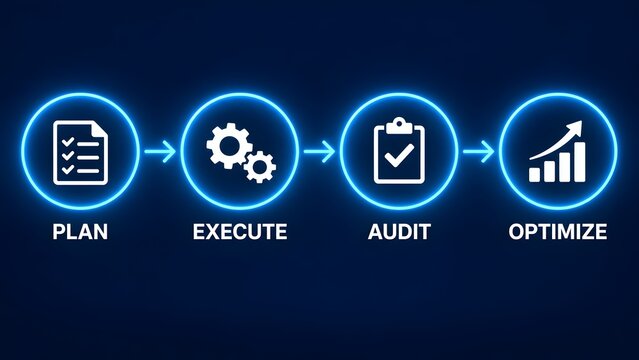 Business process flowchart showing plan execute audit and optimize stages with icons and neon blue glow on dark background
