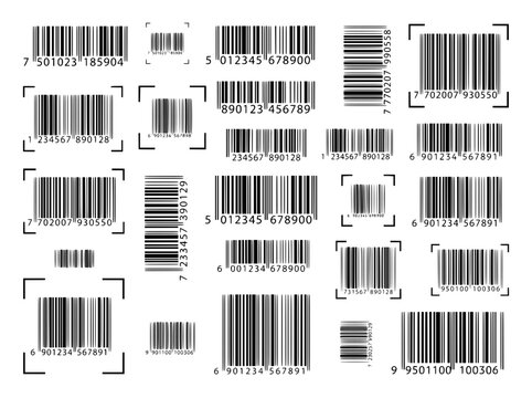 Barcode collection with various UPC and EAN codes, set of 22 black product identification labels, retail scanning icons for logistics and inventory