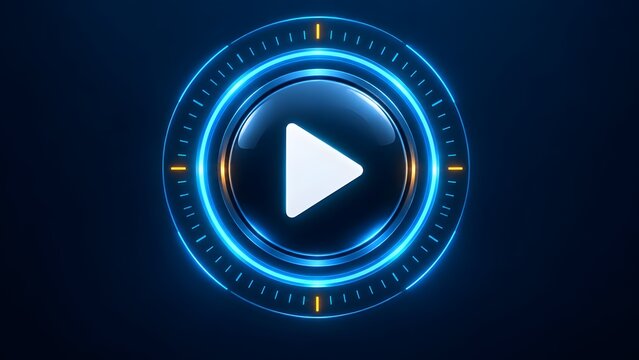 Futuristic glowing blue circular interface with a white play button icon in the center on a dark background digital technology concept