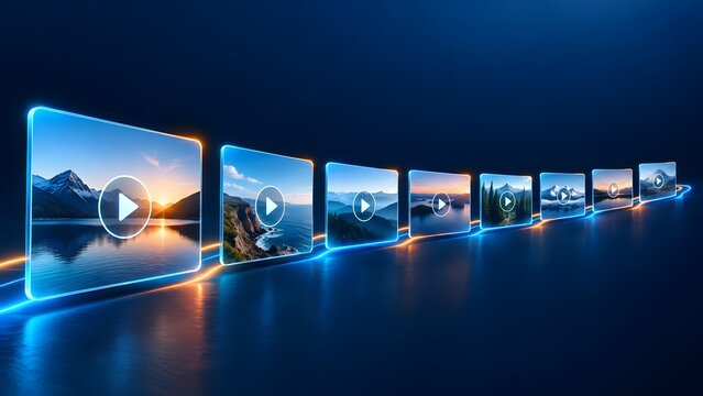 Digital streaming service showcasing a row of landscape video thumbnails with play buttons on a dark reflective surface.