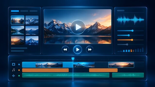 Digital video editing interface showing timeline preview window with mountain landscape and audio waveform for post production