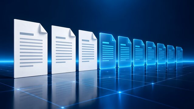 Digital document files arranged in a row on a futuristic grid with glowing blue lines representing data management and organization