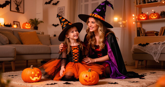 Happy family mother and little girl daughter in witch costumes celebrating Halloween at home
