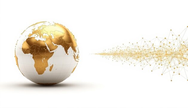 Conceptual golden globe with glowing particles emerging and dissipating into thin air particles abstract technology dissolving communication business innovation globalization connection