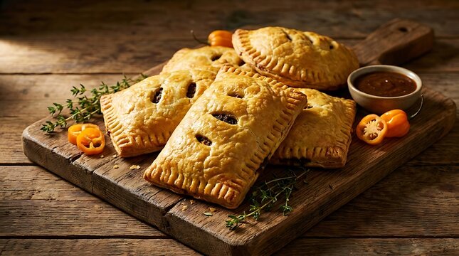 Freshly baked savory meat pies on a rustic wooden cutting board with herbs and sauce. Jamaican Cuisine 