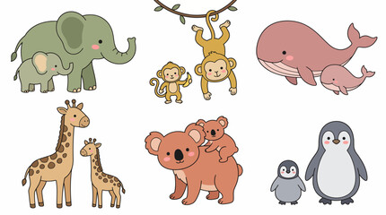 Fototapeta premium Cute animal family vector set showcasing parent and baby wildlife, adorable cute mammals and marine characters, concept for nursery decor and children education