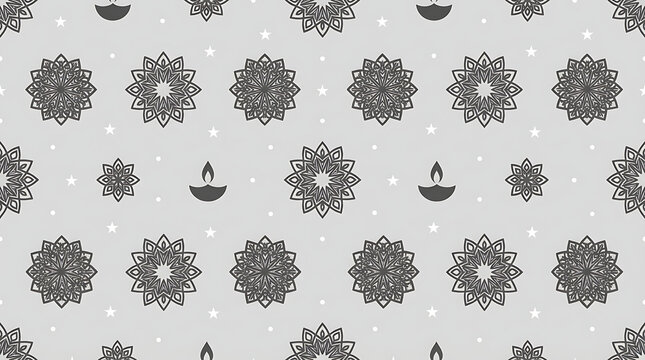 Seamless pattern background featuring intricate mandala designs and traditional diya oil lamps for diwali festival celebrations