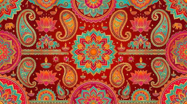 Vibrant indian traditional seamless pattern with paisley mandala lotus flowers and elephants for diwali festival background design