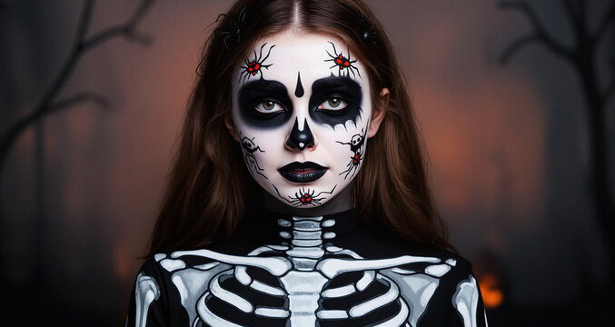 Portrait of a young woman with halloween make up and skeleton costume

