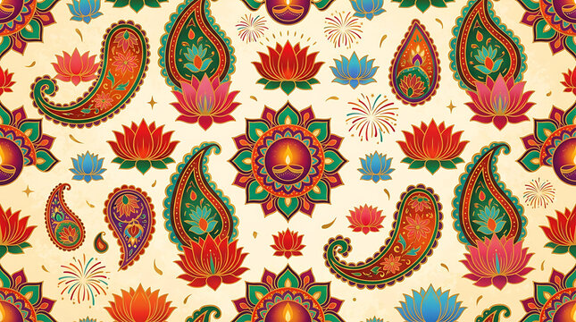 Seamless diwali festival pattern featuring traditional paisley motifs lotus flowers and decorative oil lamps on cream background